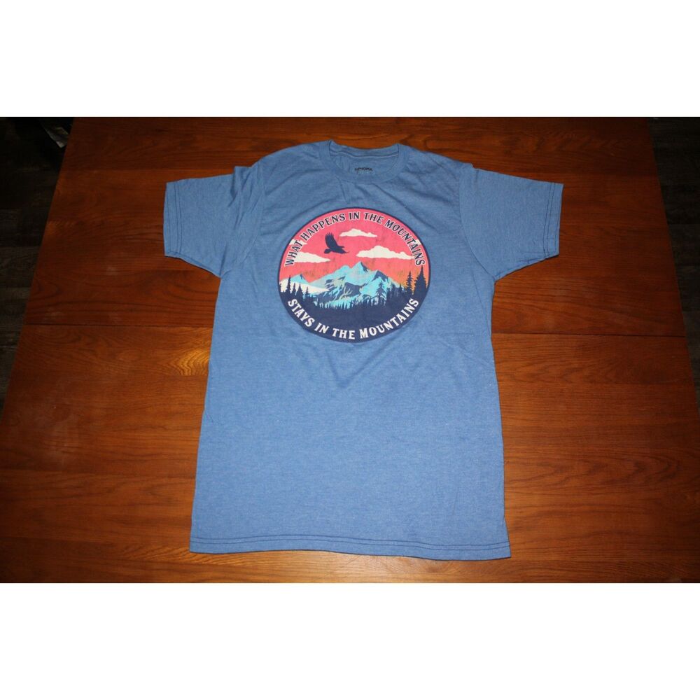 What Happens In The Mountains Graphic Tee - Blue Heather Hiking Shirt Size S